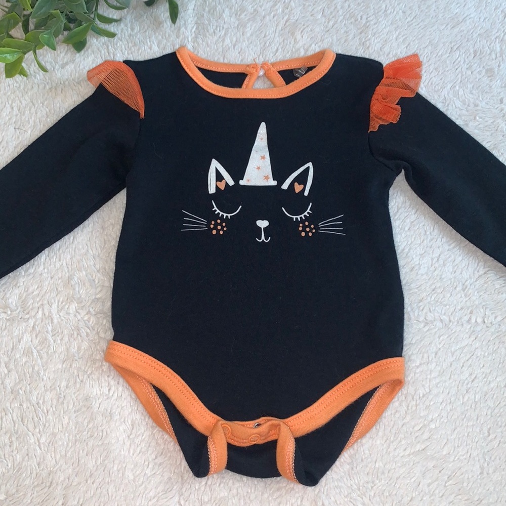 Chick Pea Black & Orange Unicorn Cat Onesie EUC 3-6M